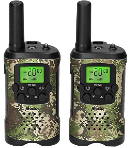 Alecto FR-115 - Set di due walkie talkie per bambini - walkie talkie con portata fino a 7 chilometri - walkie talkie a 8 canali - torcia integrata - display retroilluminato - CAMO