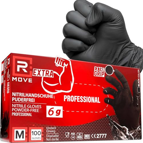 R MOVE 100 guanti in Nitrile NERI 6 grammi EXTRA RESISTENTI 60% di SPESSORE in più al dito rispetto al 3,5 gr NO polvere NO lattice per Meccanici, Tatuatori, Ristorazione, Guanti monouso (M)