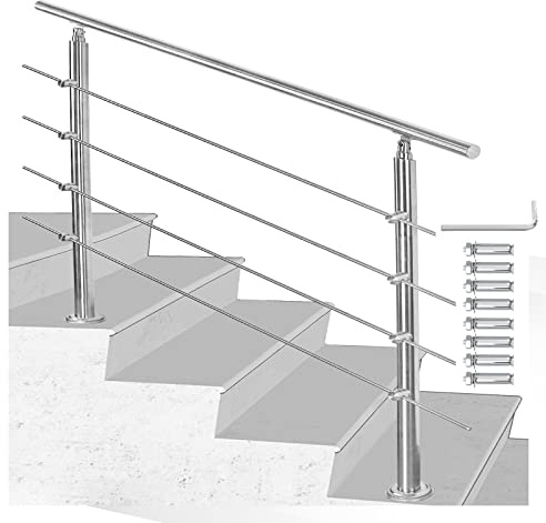 Joparri Ringhiera per Scale Acciaio Inox, Corrimano in Acciaio Inox Spazzolato 160cm 4traverse Interno Esterno Ø 42 mm, Argento