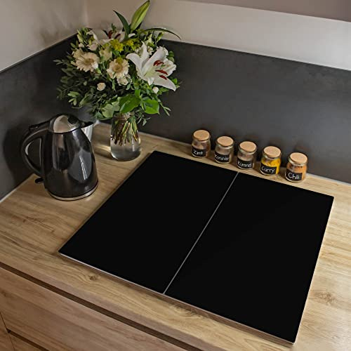 banjado® Herdabdeckplatte Glas 2-teilig 80x52 cm/Schneidebrett Herdabdeckung mit Motiv Tiefschwarz/Herdabdeckplatten Ceranfeld 2teilig / Schneidebrett Glas individuell einsetzbar