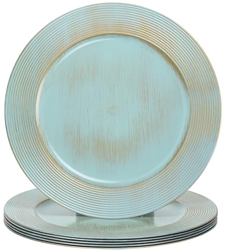Kazozobi 13 Round Charger Plates, 6 pack Ring Pattern Plastic Chargers for Dinner Plates, Vintage Charger Plate Set Bulk Wedding, Turquoise