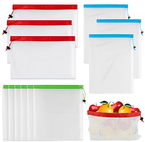 MAQIHAN 12PCS Reusable Produce Bags - Mesh Drawstring Bags, 3 Sizes | Washable Toy Storage Bags, Mesh Bags for Fruit, Vegetable, Potatoes Storage, Reusable Grocery Net Bag