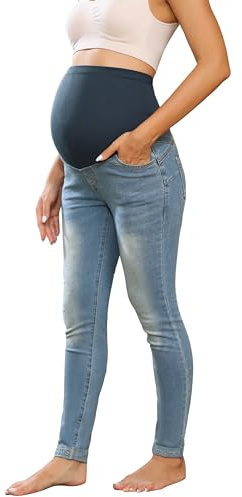 Maacie Pantaloni premaman lunghi elastici per gravidanza, comodi jeans primaverili estivi, Azzurro con orli arrotolati, XXL