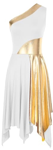 ranrann Femme Robe Danse Asymétrique Métallique Brillant Une Epaule Robe Danse Contemporaine Costume Tenue Dancewear S-XXL Blanc S