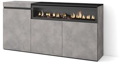 Skraut Home | Aparadores para salón | Gran Capacidad de almacenaje | 150x75x35cm | 3 Puertas | Chimenea eléctrica | Estilo Moderno | Cemento