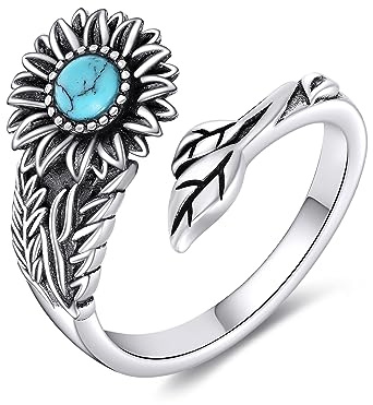 POPLYKE Sunflower Spoon Ring S925 Sterling Silver Turquoise Thumb Open Ring Victorian Oxidized Jewelry Gifts for Women (turquoise)