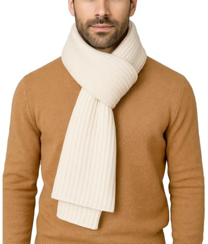 CLASSE77 - Sciarpa lavorata a maglia in lana - Stile maglia inglese a coste - Unisex - Artigianale, Made in Italy (Panna)
