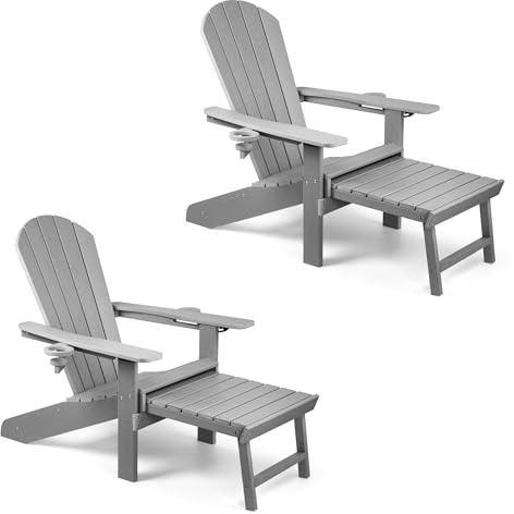 VonHaus Grey Adirondack Chair Set of 2 - Reclining Slatted Style Garden Chair with Pull-out Footrest - Durable Weather Resistant HDPE Plastic Outdoor Armchair for Patio & Decking - Westport