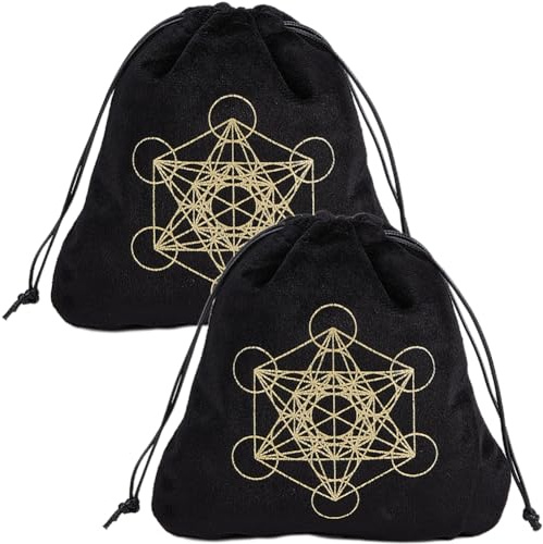 CREATCABIN 2 Stück Tarot-Taschen,Samt,Aufbewahrungstasche Tarotkarten,Beutelhalter,Metatrons Würfel-Set,Runen Mit Kordelzug,Große Verpackung Für Tarotkarten,Kristallschmuck,Würfel 16.5x15cm,Schwarz