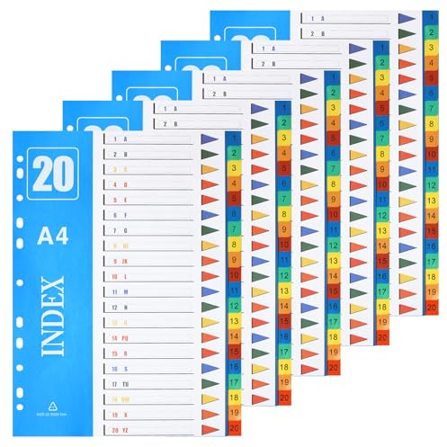 XHDA 1-20 Part A4 Dividers, 5 Pack Multi-Colour 11-Hole Index | PP Plastic Material, 11-Hole Punched, Writable Index Page, Multi-Colour Tabs, for 2, 3, 4 and 11 Ring Binders