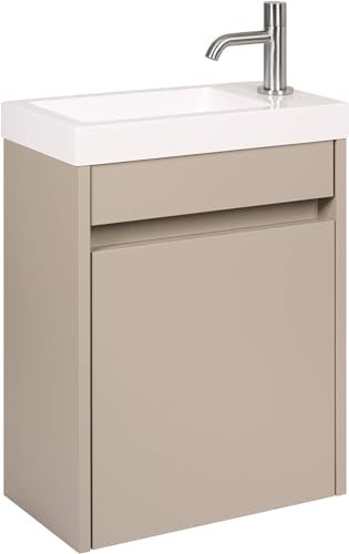 Saqu Florence vormontiertes Badmöbel Gäste-WC in Matt Greige mit Handwaschbecken und Armatur Edelstahl Links/rechts