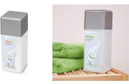 SpaTime by BAYROL | Anti-Mousse 1 L - Liquide concentré pour éliminer la Mousse & SpaTime by BAYROL | Alca-Plus 1 kg - Augmente l'alcalinité de l'eau et corrige Un pH instable - empêche