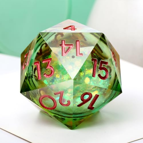 Spindown D20 - Dadi D20, 33 mm, con nucleo liquido glitterato e Paillette, con splendida confezione regalo per Dungeons and Dragons (verde e arancione)