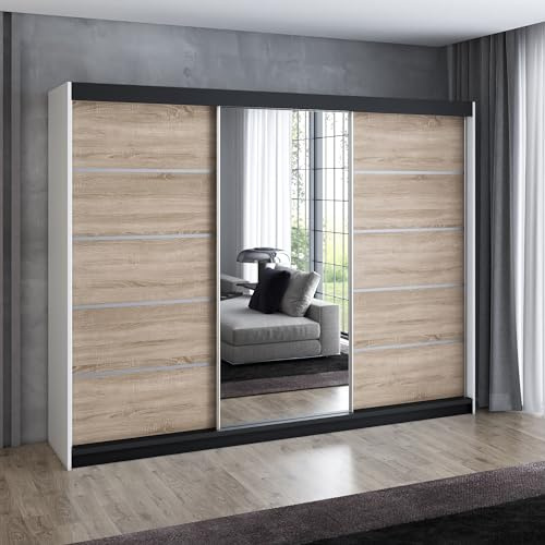 A&J MöbelLand Schwebetürenschrank VILUNO 3 Kleiderschrank 3-türig 200 cm mit Spiegel, 4 Schubladen & 2 Kleiderstangen, Geräumiger Schlafzimmerschrank (Weiß/Sonoma)