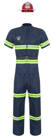 CHICTRY Feuerwehr Kostüm Herren Feuerwehrmann Uniform Kurzarm Reflektierende Shirt Kurzarm Oberteil Mit Gürtel Lang Warnschutzhose Warnhelm Cosplay Outfit