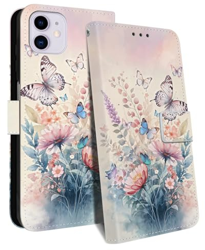 HopMore Handyhülle für iPhone 11 Hülle, Premium PU Leder Klappbar Klapphülle Kartenfach Schutzhülle, Stoßfeste Case Tasche mit Motiv Handytasche für iPhone 11, Bunter Schmetterling