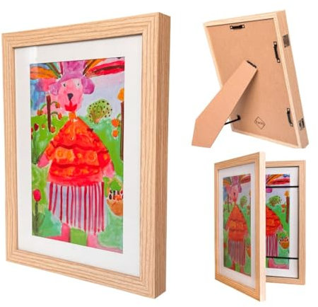 Bilderrahmen Kinderzeichnungen A4 Naturholz – Aufklappbar mit Frontöffnung & Stauraum – Befüllbarer Kunst Rahmen für Kinder – Perfekt für Kunstwerke, Zeichnungen & Bastelarbeiten