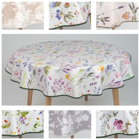 laro Runde Wachstuch Tischdecke, Blumenflügel Bunt Weiß, Rund 140cm | Abwaschbar, Saum-Eingefasst-Paspelband, PVC Material
