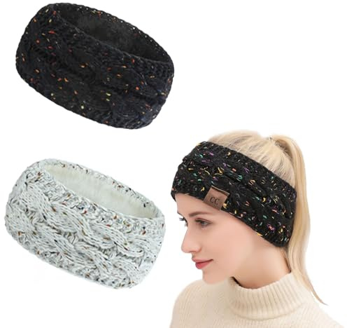 Dinghaole 2 Pièces Bandeau Cheveux Femme Hiver Polaire,Tricoté Bandeau Femme Elastique Avec Des Points de Couleur,Serre-Tête Tricoté Fille,Oreille Réchauffeur Bande Cheveux Avec Doublure en Peluche