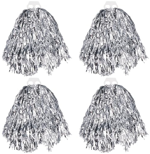 CREATCABIN 4 Stück Cheerleading Poms Cheerleader Pompons Metallic Folien Poms Mit Schlagstockgriff Für Sport Teamgeist Jubel Party Tanz Bühnenauftritt Feier Sportspiel 36x36cm