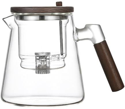 Clear Glass Tea Maker - Teapot, Push Pore Teapot with Infuser | 750ml Press Operated Glass Teapot with Filter, Tea Maker Glass Kettle with Wooden Grip Handle for Loose Leaf Tea