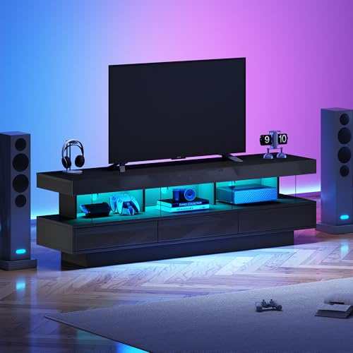 Merax Hochglanz TV Schrank mit LED-Beleuchtung, App-Steuerung, Bluetooth-verbunden, Lowboard Sideboard TV-Kommode Fernsehschrank Fernsehtisch für 70-Zoll-TVs, mit 3 Glasfächern, Schwarz/160x38x50.5cm