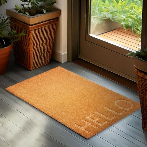 BRUBAKER Fußmatte für Außen und Innen - Hello - Braun | 45 x 75 cm Schmutzfangmatte aus 100% Kokos - 3D Fußabtreter Wetterfest und Rutschfest - Antirutsch Türmatte für Haustür