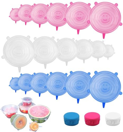 MINISOISO 18 Pezzi Coperchi in Silicone Estensibili, Senza BPA, Coperchio Universale Silicone con 6 Misure Differenti, Riutilizzabili ed Elastici per Alimenti, Ciotole, Tazze, Lattine e Frutta