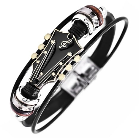 ROJEMXVE Retro Guitar Leather Bracelet for Man Women Unique Braided Handmade Cuff Multi-Layer Cords Wrap Music Shape Punk Jewelry Zinc Alloy Musical Enthusiast Rock Wristbands Gifts Black