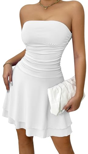 Ausing Abito Aderente con Spalle Scoperte Donna Sexy Vestito Discoteca Corto Abiti Party Cocktail Elegante Mini Tubino Senza Spalline Maniche Schienale Abito Increspato Attillato Bodycon Sera Bianco S