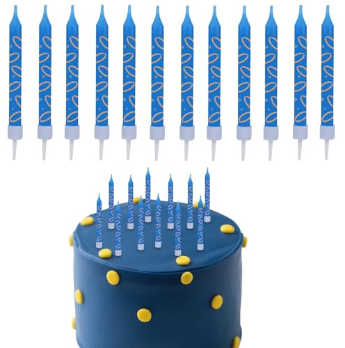 SAVITA 12pcs Birthday Candles, Blue with Gold Ring Print Themed Cake Candles Cartoon Characters Cake Topper Decorations for Boys Girls Birthday Party