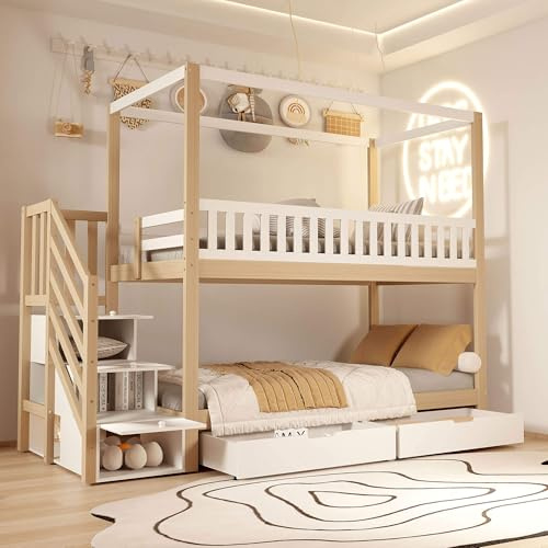 HYUB Etagenbett Holzbett 90x200 cm mit Schubladen und Lattenrost, Stockbett Kinderbett mit Treppe und Stauraum, Bettgestell mit Rausfallschutz, Holzfarbe