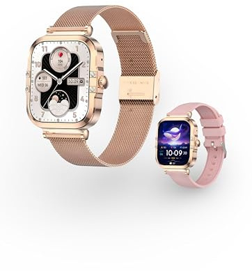 Luxora - Reloj inteligente para mujer - Pantalla AMOLED de 1,75 pulgadas HD - Llamadas Bluetooth, Notificaciones & Seguimiento de Salud - 2 pulseras (metal y silicona) añadidas - Diseño elegante caja