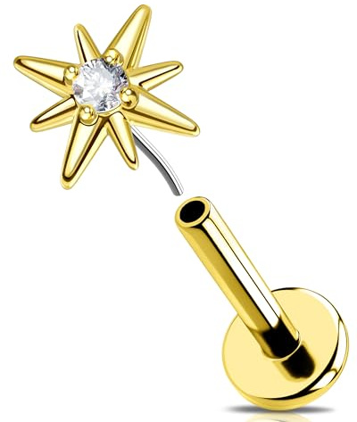 OUFER 16G Gold Helix Ring Surgical Steel 316L Star Threadless Earring Clear CZ Conch Lobe Tragus Daith Jewellery Lip Labret Piercing for Women 6 mm