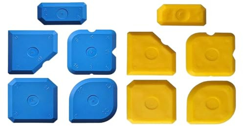 WUZIA Juego de 10 herramientas de calafateo de silicona, sellador y esparcidor de acabado, herramientas de reparación de bordes, azulejos para uso en interiores y exteriores (amarillo y azul)