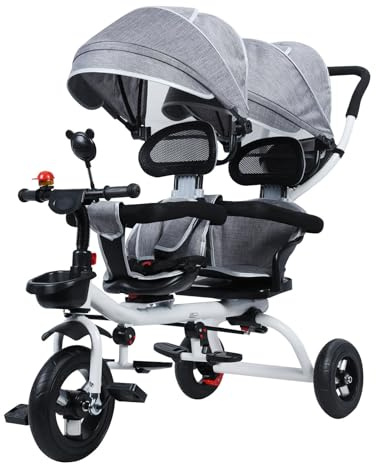 Tandem Dreirad mit Doppelsitz und Dach, stoßfestes Gummirad Kinderfahrrad 2-8 Jahre, Kinder Buggy Dreirad mit Klingel und Spiegel