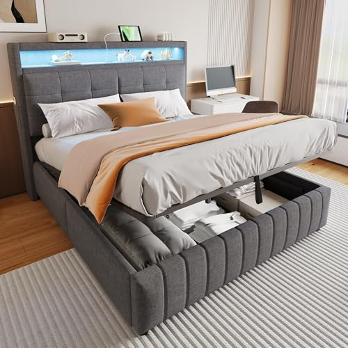 Qsddk Polsterbett Doppelbett 140x200 cm mit LED-USB-Kopfteil, Grau | Für Schlafzimmer Zimmer, Mit Hydraulischem Stauraum, Bettgestell, Mit Lattenrost und Metallrahmen, Bettkasten, Ohne Matratze