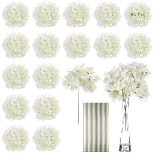 Lot de 64 fleurs d'hortensia artificielles pour centre de table de mariage, fleurs blanches en soie synthétique avec tiges pour bouquets, hortensia en soie, arrangements d'allée, décoration