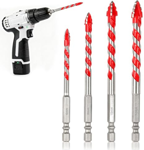 FcaecY 4 Pcs Eccentric Drill Bit, Four Blade Serrated Eccentric Drill for Marble, Quartz, Granite, Tile, Glass, Ceramic, Microcrystalline, Cement Brick, Wood, Plastic (6, 8, 10, 12mm)
