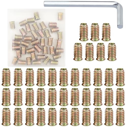 LIAVOP Juego de 40 tuercas atornilladas M6 x 15 insertos hexagonales galvanizados, revestidas de color, con llave Allen M6L, con caja de plástico, casquillos roscados, insertos roscados para muebles