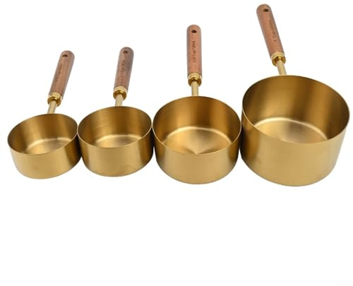 Juego de tazas y cucharas medidoras de acero inoxidable con asas ergonómicas de madera de acacia, acabado de cobre galvanizado, herramienta de horneado de 8 piezas para precisión (taza medidora)