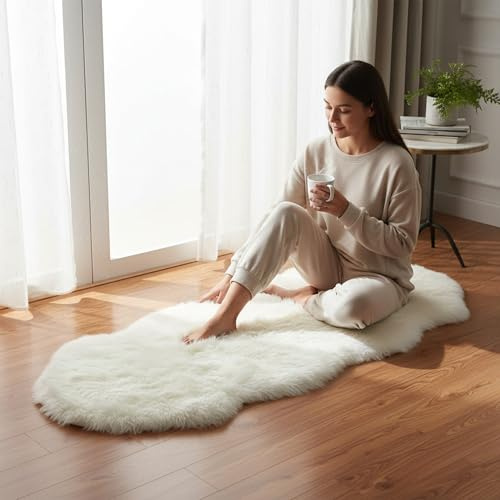 Infinity Leather Tappeto di Vera Pelle di Pecora – 100% Lana Naturale, Morbido, Soffice e Setoso, Plaid di Lusso per Camera da Letto, Divano o Pavimento, Caldo e Traspirante (180 x 60 cm) (Avorio)
