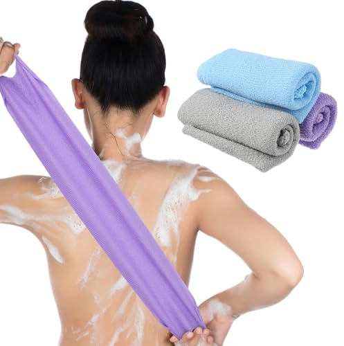 4 PCS Exfoliating Bath Scrubber Bath Gloves Set, Double-Sided Washers Scrub Body Washcloths with Handles for Body Scrub, Deep Clean, Stretchable Back Scrubbers for Shower (Blue, Pink, Gray, Purple)