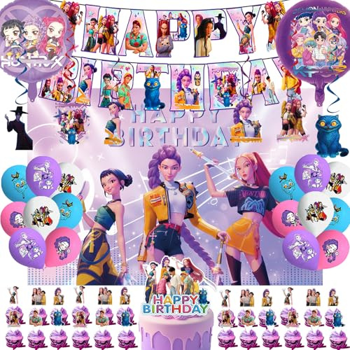k-pop decoration anniversaire, 51 Pcs kpop décorations de ballons d'anniversaire, Bannières, Tissu de fond, Ballons et décorations pour gâteaux-Style anime cool pour enfants et fans
