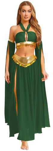 Nyeemya Damen Bauchtanz Kostüm Belly Dance Outfit Neckholder Tanz Top Münzen Schlitz Rock Goldenbesatz Ärmel 3tlg Inderin Kostüm Tanzbekleidung Grün XXL