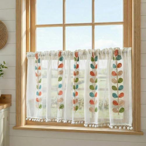 Visillo de bistró – Semitransparente blanco gasa cortina bistró cortina con hojas bordadas & pompón, cortina corta, cortina de cocina, cortina corta, cortina de cocina, 45 x 145 cm
