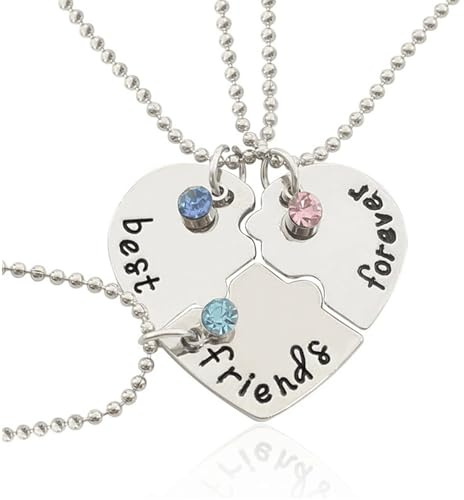 Glossiness Heart Shaped Friendship Necklace Set for Three Best Friends - Interlocking Puzzle Pendants with Blue Pink Green Crystals Matching Jewellery Gift for Women Girls Birthday