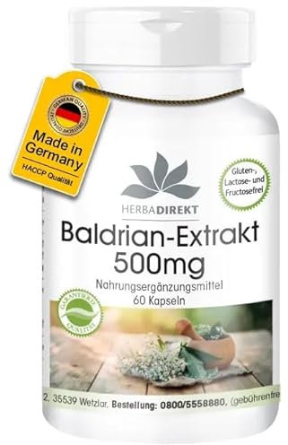 Baldrian Kapseln - 500mg - 60 Kapseln - 4-fach konzentriert - vegan | HERBADIREKT by Warnke Vitalstoffe - Deutsche Apothekenqualität