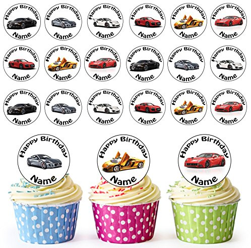 AK Giftshop Sports Car Mix 24 Personalised Edible Cupcake Toppers/Birthday Cake Decorations - Easy Precut Circles