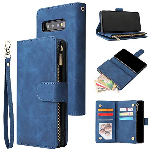 QLTYPRI Hülle für Samsung Galaxy S10, Premium Leder Handyhülle mit Große Kapazität 6 Kartenfach & 1 Reißverschluss Tasche Ständer Schutzhülle für Samsung Galaxy S10 - Blau